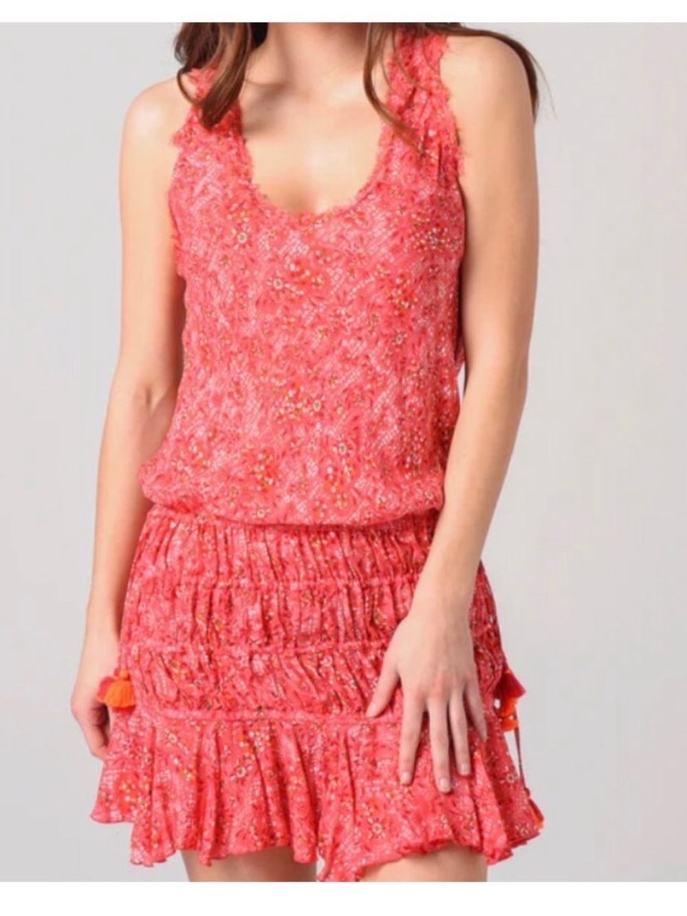Poupette St. Barth Soledad Coral Pink Floral Mini Dress w/ Tassle 
Size M